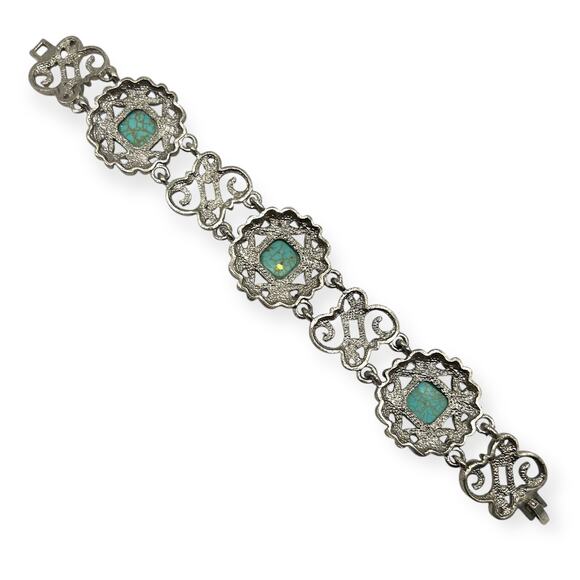 Balinese Silver Bracelet Turquoise Square Filigree Semi Precious Stone Howlite - Picture 9 of 13